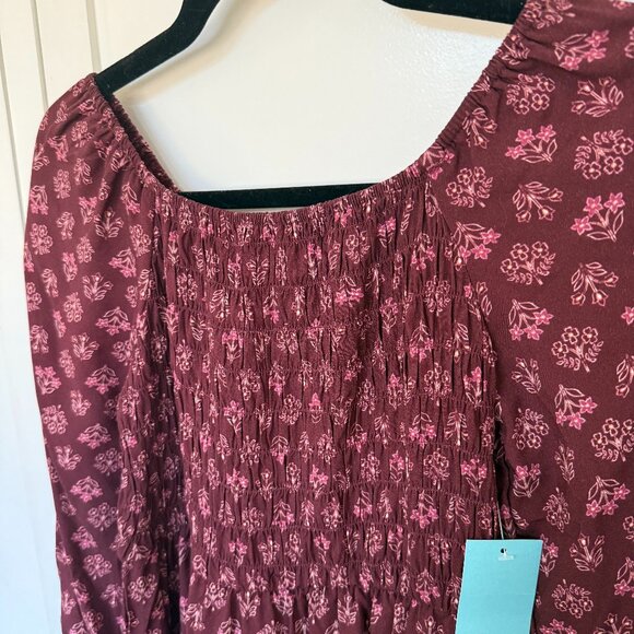NWT Market & Spruce Caren Smocked Dress Burgundy Sz 12 Floral - Picture 1 of 10